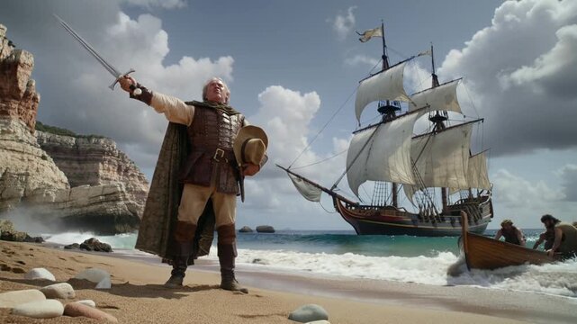 Explorador del siglo XV (tipo Colón), en orilla de playa virgen, espada en alto, gesto de posesión.