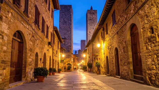 A narrow, cobblestone street at twilight, lined with ancient stone buildings and illuminated by warm lamplight, towers rising in the distance - Powered by Adobe