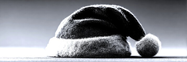 and Christmas hat with fluffy pom-pom resting on a flat surface in a neutral setting