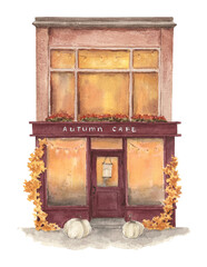 Watercolor brown wooden autumn cafe house with trees, plants, lantern. Hand drawn illustration. Perfect for cards, logo, posters, textile and wedding design, stickers