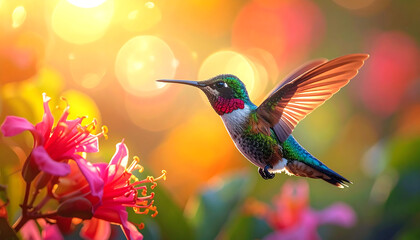 Iridescent hummingbird with green wings and purple throat perched near vibrant flowers against colorful gradient background.