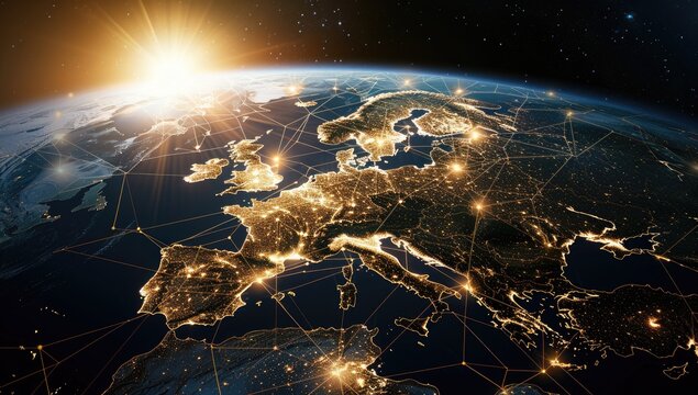 A nighttime satellite view of Europe, showcasing its illuminated cities interconnected by a network of lines, with a sunburst effect in the upper left corner