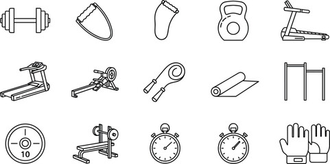 Gym equipment icon set, black vector illustration, fitness tools graphics, workout accessories symbols, training gear silhouette, exercise machine artwork