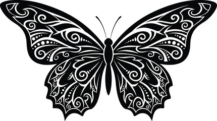 Ornate butterfly silhouette, black vector illustration, decorative insect design, symmetrical wings artwork, tattoo style graphic, nature motif icon