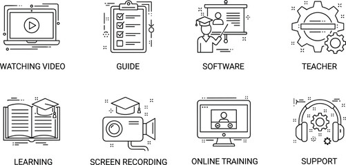 Online education icon set, labeled vector graphics, digital learning tools, e-learning system symbols, training support visuals, black outline illustrations