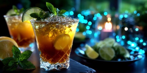 Refreshing cocktail with mint and lime garnishes served at a festive evening gathering with lights