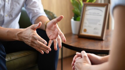 Professional counselor providing mental health support and guidance, engaging in a therapy session, discussing solutions for well being, offering advice and psychological assistance