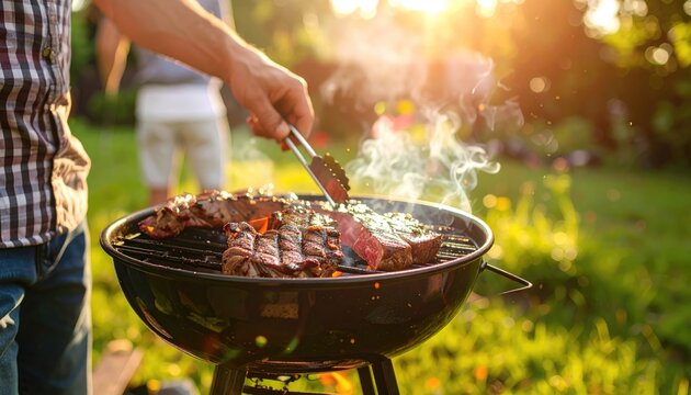 A person grills steaks on a charcoal grill outdoors in a sunny garden setting. The steaks sizzle and steam, suggesting a summer barbecue - Powered by Adobe
