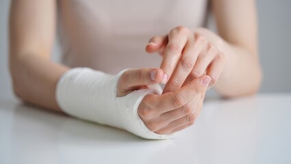 Person with a broken wrist in a white cast, experiencing discomfort, indicating injury, rehabilitation, and the process of healing and recovery