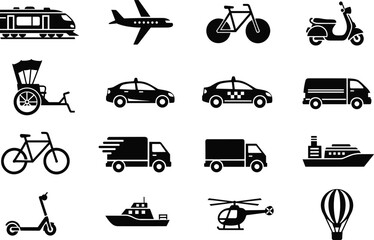 Transportation icon set, black silhouette vector, vehicle types illustration, travel and mobility symbols, logistics and transit graphic design