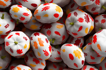 Halloween pumpkins painting decoupage technique. Painted in white and decorated colorful fall leaves. 3D illustration