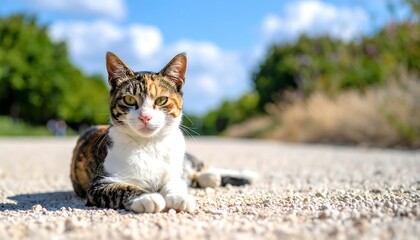 A tricolor cat with striking eyes rests on a gravel path, bathed in sunlight. Lush greenery and a blue sky create a serene backdrop