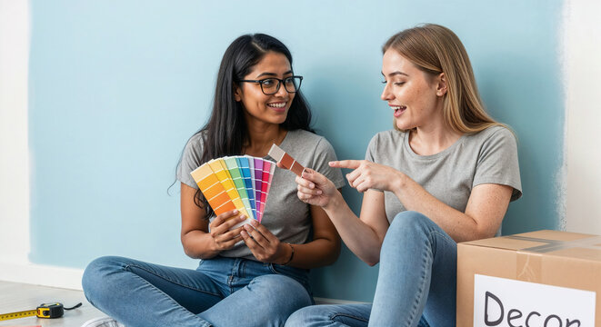 Happy lesbian couple sitting on the floor and using color palette to choose paint colors for their new home renovation