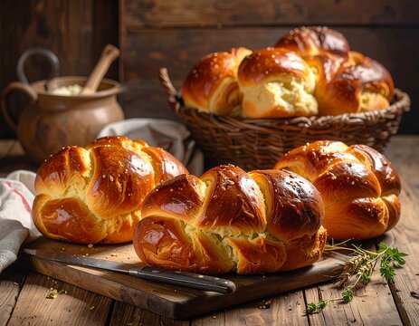 Freshly baked artisanal bread, golden brown and textured