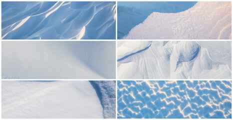 Set of snow textures. Collection of panoramic winter backgrounds with snowy ground. Beautiful wide panoramas with natural textures of clean fresh snow and wind-sculpted patterns on a snowy surface.
