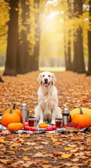 Autumn Park Picnic Scene with Dog and Fall Decor