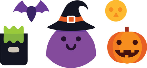 Fototapeta premium Vector halloween costume icons witch hat pumpkin bat candy bag scalable eps illustration isolated on transparent background