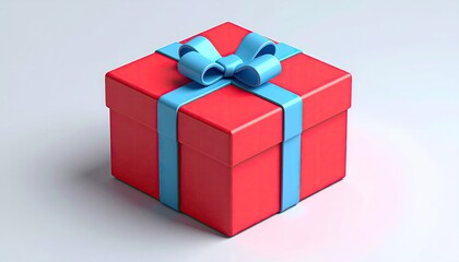 A red square gift box with a light-blue ribbon and bow sits on a light-grey surface, cast slightly to one side