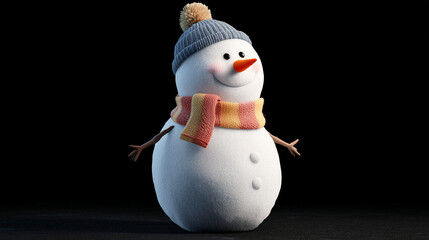 Cheerful snowman with a blue hat and colorful scarf stands proudly on a dark background celebrating winter joy and fun Generative AI