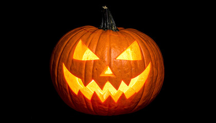 Glowing jack-o'-lantern with triangular eyes, nose, and jagged smile on black background, green curved stem.