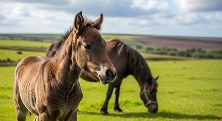 Fototapeta premium Two Foals Grazing in a Field.