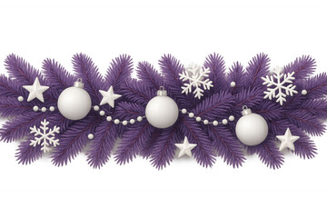 Purple christmas garland with white ornaments, snowflakes, and stars, creating a festive holiday border with transparent background