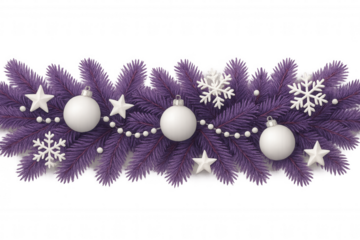 Purple christmas garland with white ornaments, snowflakes, and stars, creating a festive holiday border with transparent background