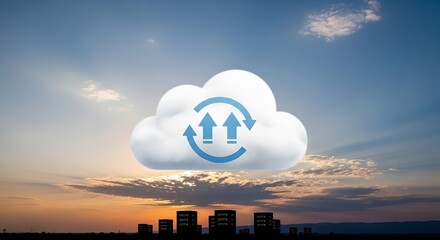 Dynamic cloud storage icon with upward arrows symbolizing data upload and synchronization against a stunning sunset cityscape backdrop
