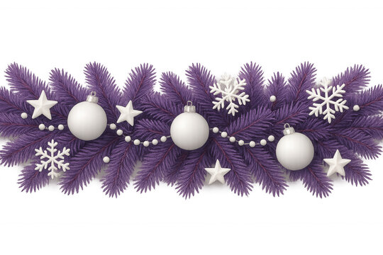Purple christmas garland with white ornaments, snowflakes, and stars, creating a festive holiday border with transparent background - Powered by Adobe