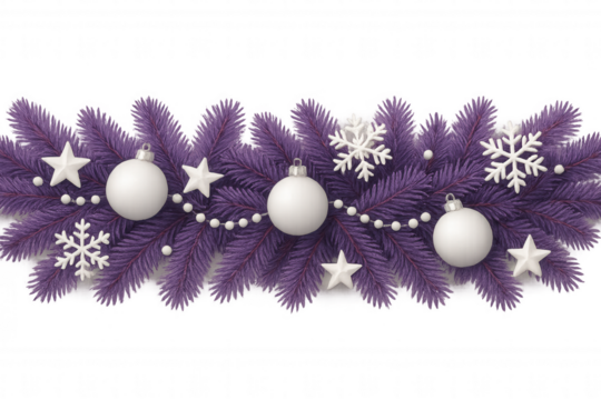 Purple christmas garland with white ornaments, snowflakes, and stars, creating a festive holiday border with transparent background