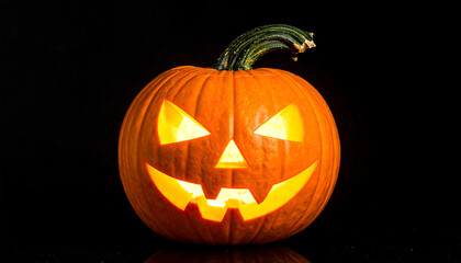 Glowing jack-o'-lantern with triangular eyes, nose, and jagged smile on black background, green curved stem.