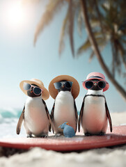 Three Penguin Friends With Hats and Sunglasses Enjoy Beach Vacation On Surfboard