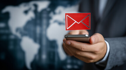 Sending a digital message while standing in front of a world map showing global connectivity and communication technology Generative AI