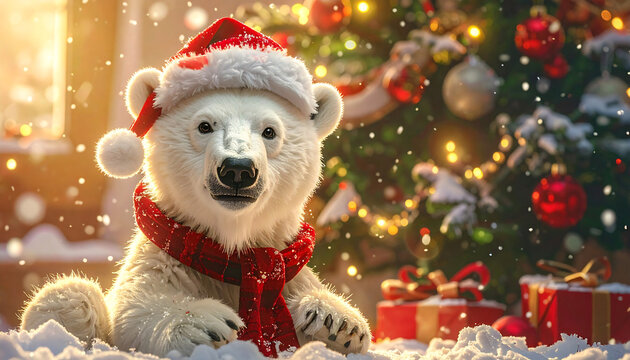 Festive polar bear in Santa hat and scarf standing before lit Christmas tree with gifts and snowy forest.
