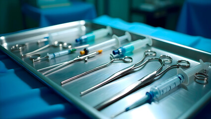Tray with a variety of surgical tools neatly arranged, including scalpels, scissors, forceps, and clamps, highlighting medical instruments for surgical procedures and healthcare