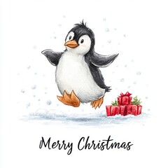 Naklejka premium Penguin joyfully jumps in the snow, slips, and drops gifts in a festive Christmas scene