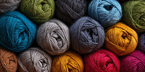 Multicolor yarn skeins in green, red, yellow, blue and gray tones, handmade decorative textile set for cozy craft inspiration - AI generated