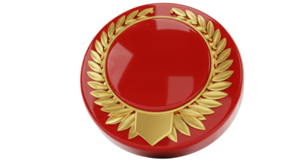 Red and gold badge with laurel wreath on white background