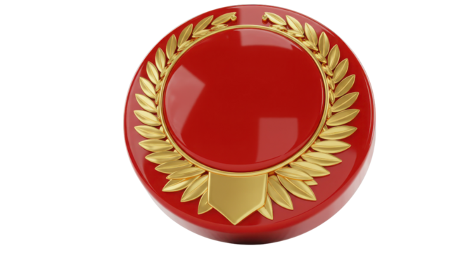 Red and gold badge with laurel wreath on white background
