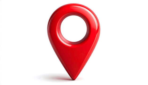 Red glossy map pin icon with central hole, symbolizing location marking and geographic positioning.
