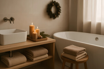 A bathroom with subtle Christmas notes in the form of mocha mousse. A tray with candles in neutral tones and a fir twig on the table, soft sand-colored towels, a wooden stool, soft diffused light.