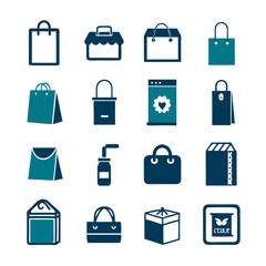 Assortment of retail packaging icons in blue and white tones