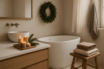A bathroom with subtle Christmas notes in the form of mocha mousse. A tray with candles in neutral tones and a fir twig on the table, soft sand-colored towels, a wooden stool, soft diffused light.