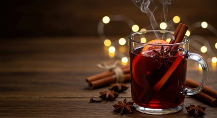 Festive hot wine drink with spices on wooden table.
