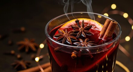 Glass of mulled wine surrounded by cinnamon and cloves.