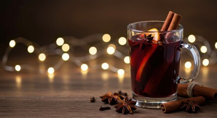 Cup of aromatic mulled wine with star anise and lights.