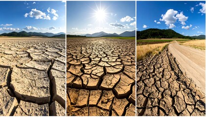 A triptych showcasing a barren landscape of cracked earth under a scorching sun. The panels display dry land, hills, and an empty road