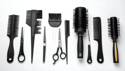 Hair styling tools and accessories neatly arranged on flat surface, including combs, scissors, spray bottle, and clips.