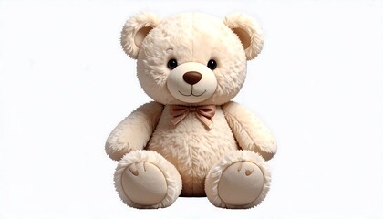Adorable Cream Teddy Bear with Brown Bow, Isolated on White Background.