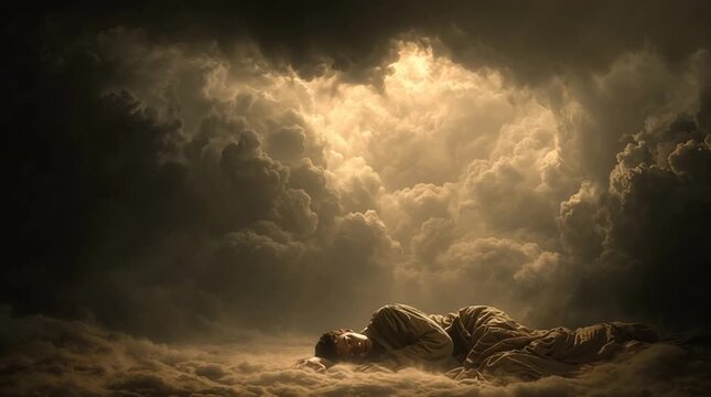 Conceptual scene of sleeping Joseph in darkness as chaotic clouds of fear swirl above him &mdash; a warm golden light of the angel parts the storm, bringing divine calm and clarity.
